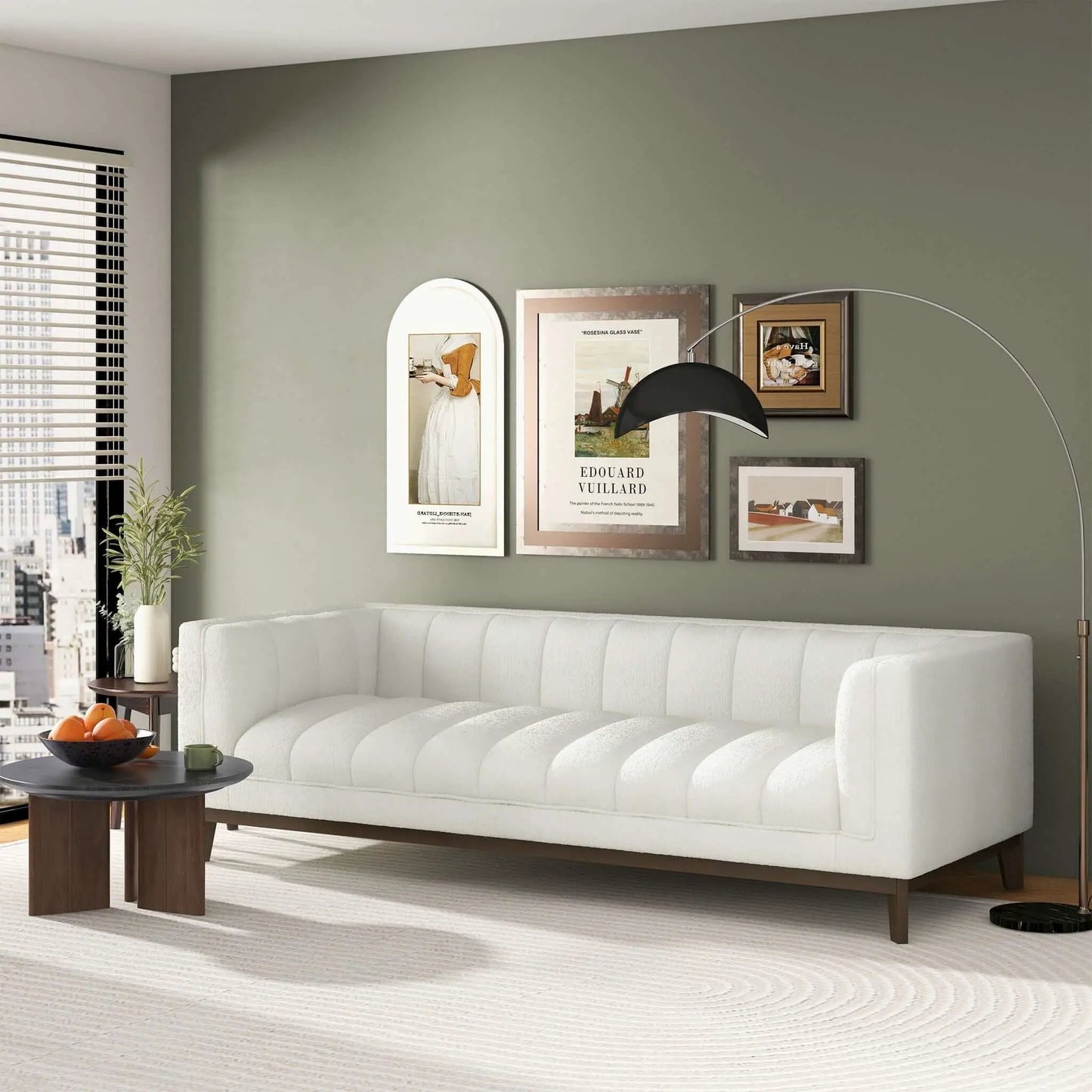 Melissa mid-century modern sofa white fabric with solid wood legs in a contemporary living room on Tampa Home & Garden Store