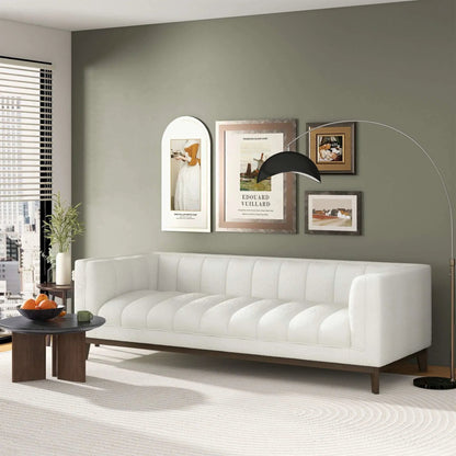 Melissa mid-century modern sofa white fabric with solid wood legs in a contemporary living room on Tampa Home & Garden Store