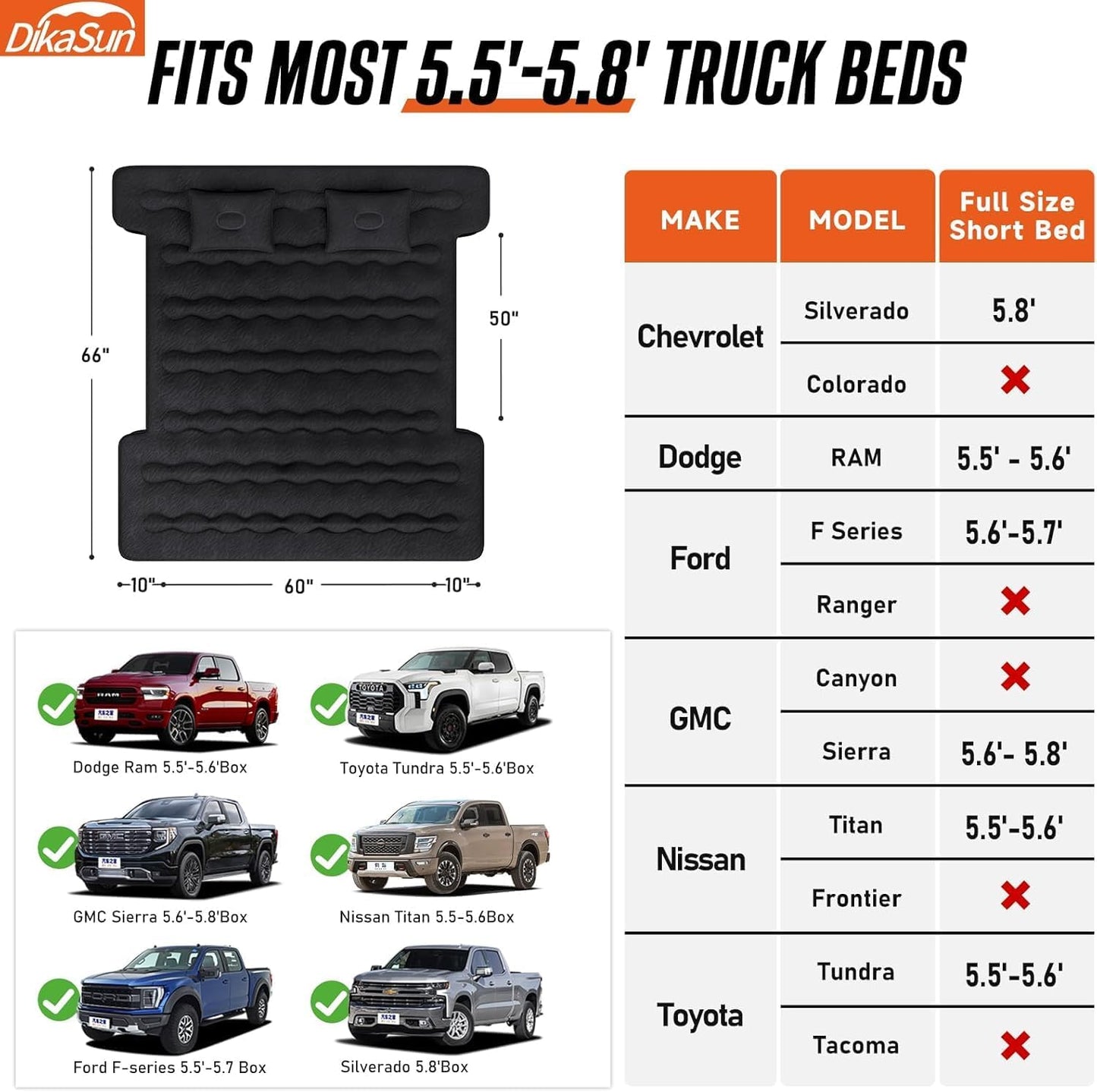 Truck bed air mattress Dikasun Outdoor beige with two pillows for 5.5-5.8 ft beds on Tampa Home & Garden Store