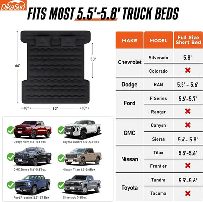 Truck bed air mattress by Dikasun Outdoor, black with pillows, 66in x 60in fits 5.5–6.5ft beds on Tampa Home & Garden Store