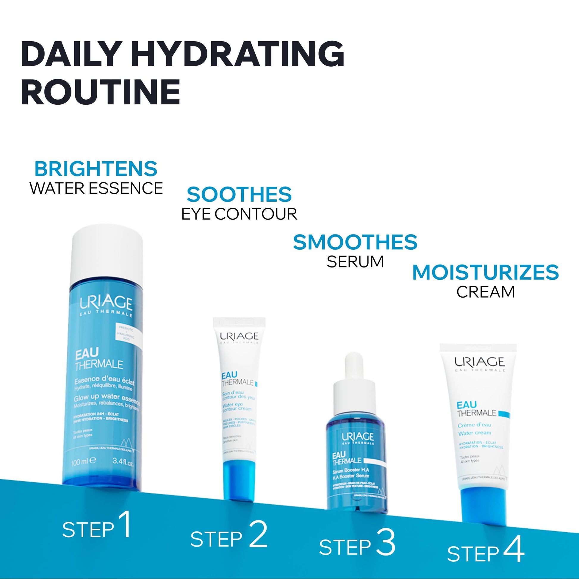 Face serum Uriage H.A. Booster in blue bottle; hyaluronic acid, shown with several Uriage products on Tampa Home & Garden Store