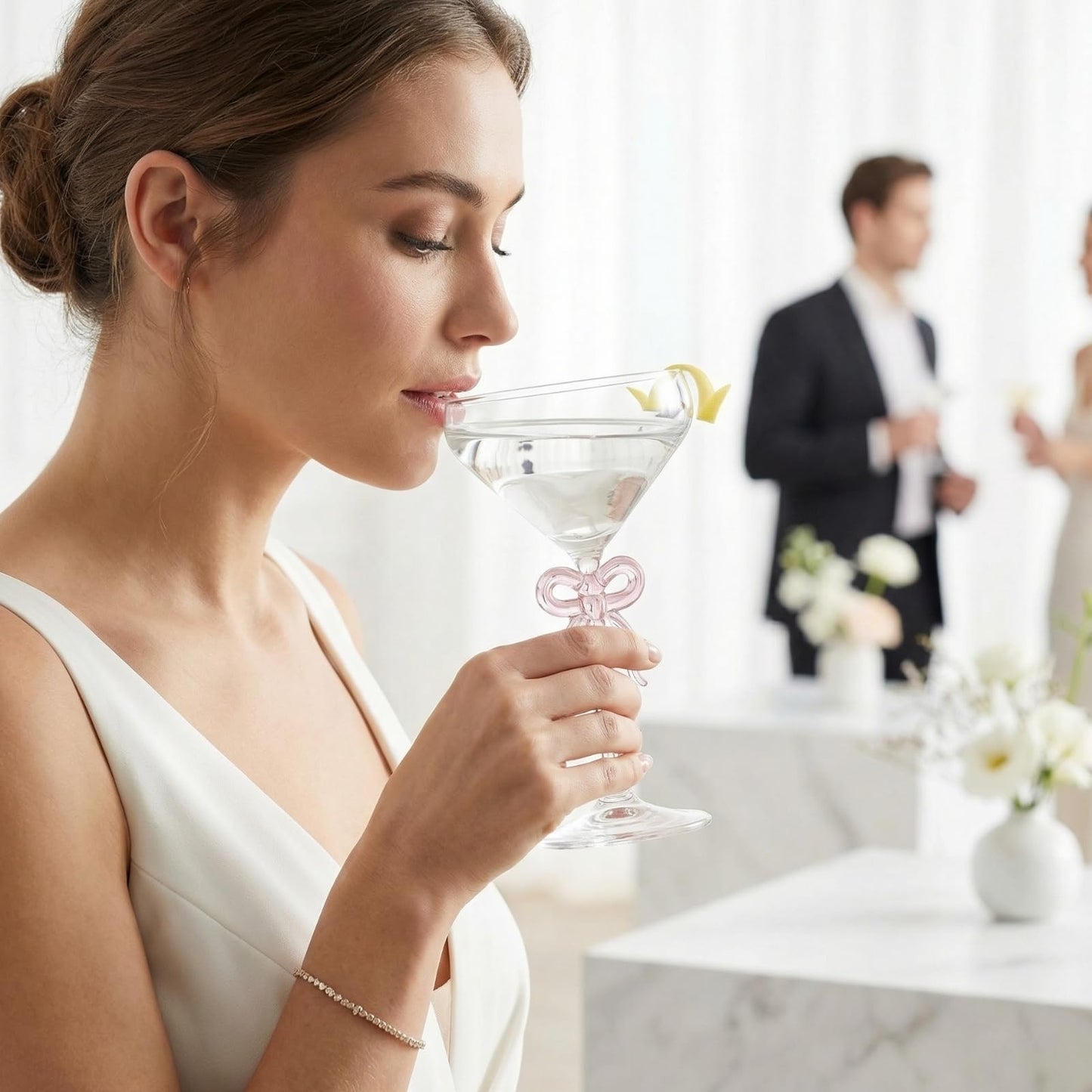 Single Clear Martini Glass with a Pink Bow