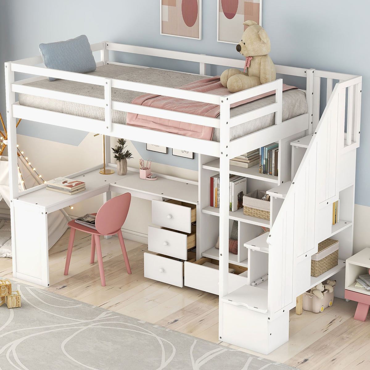 Loft bed with L-shaped desk, drawers and stairs in white with pink blanket and teddy bear on Tampa Home & Garden Store