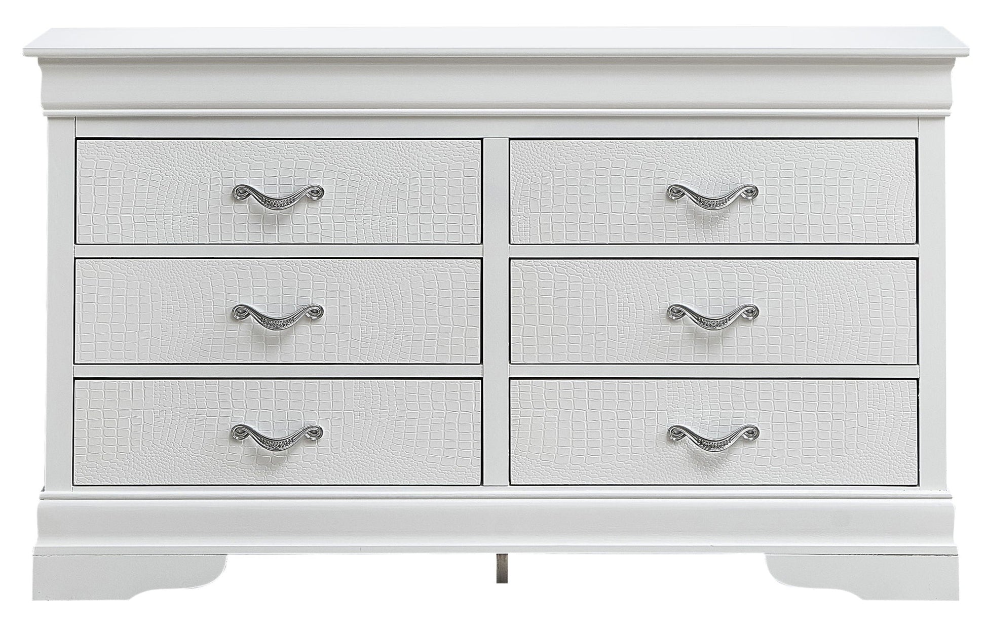 Lorana dressers by HouseOfZazla, white finish with crocodile-textured fronts and handles on Tampa Home & Garden Store