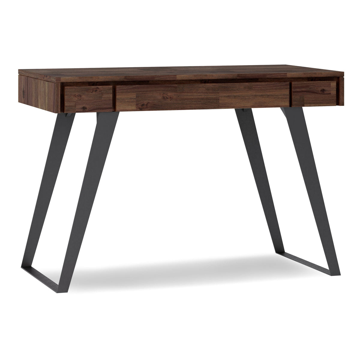 Handcrafted acacia desk with drawer storage, dark wood grain, angled black legs on Tampa Home & Garden Store