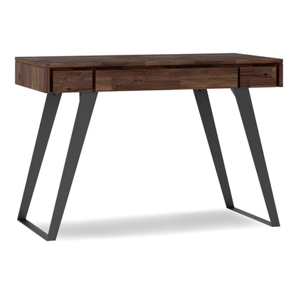 Handcrafted acacia desk with drawer storage, dark wood grain, angled black legs on Tampa Home & Garden Store