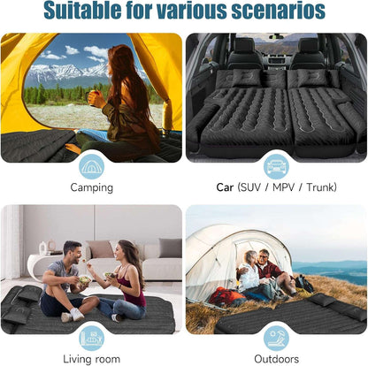 DikaSun SUV Mattress in black with pump and 2 pillows, shown in tent camping and car use on Tampa Home & Garden Store