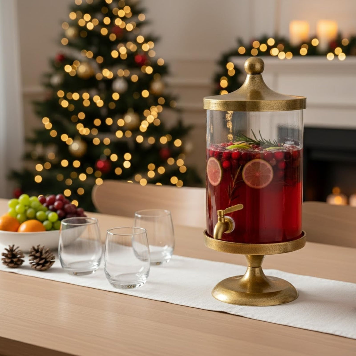 Brass Gold & Glass 3-Gallon Beverage Dispenser with Bamboo Stand and Spigot, Khen Site on Tampa Home & Garden Store