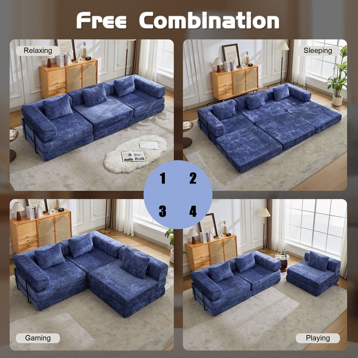 HouseOfZazla Convertible Floor Sofa Bed boneless modular futon sofa in blue velvet living room on Tampa Home & Garden Store