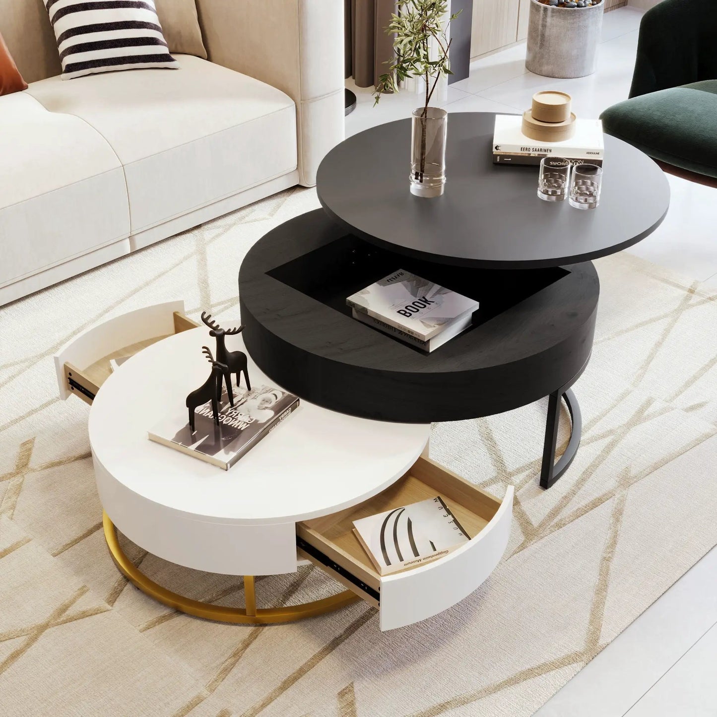 Round Lift-Top Nesting Coffee Tables with Drawers