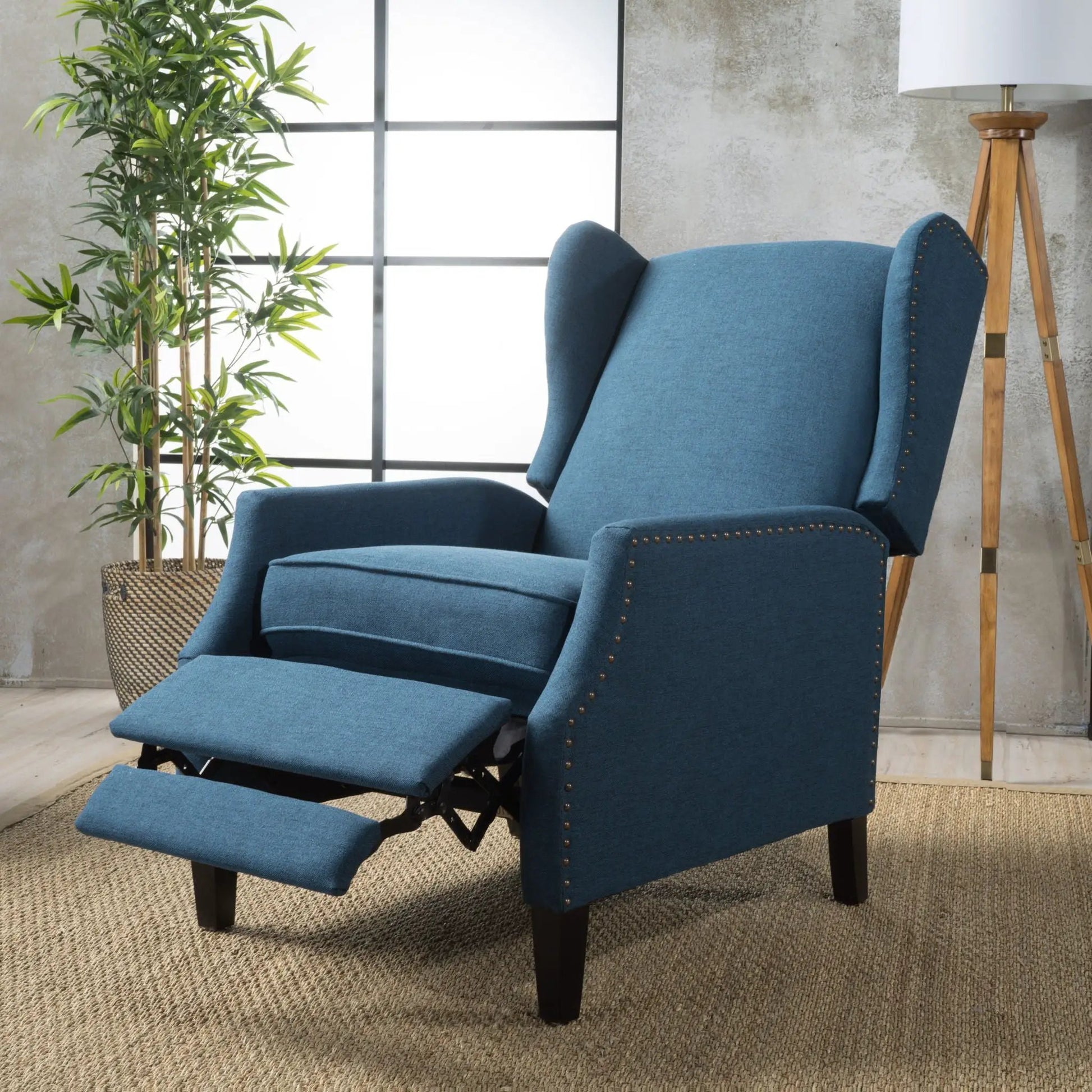 Westeros Wing Back Recliner blue fabric upholstery with nailhead trim and wood legs on Tampa Home & Garden Store