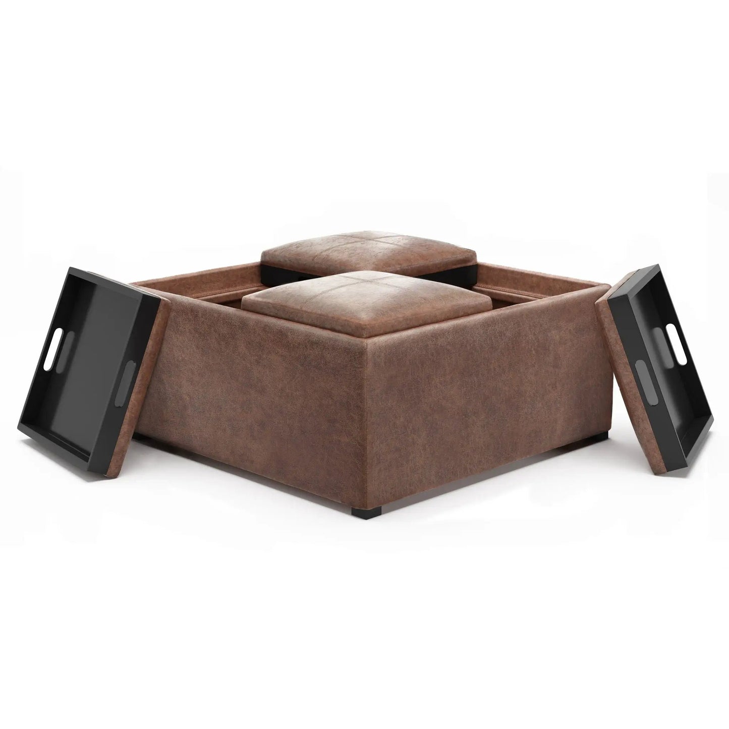 Avalon square coffee table storage ottoman in brown leather with black metal legs on Tampa Home & Garden Store
