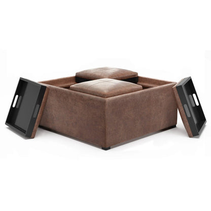 Avalon square coffee table storage ottoman in brown leather with black metal legs on Tampa Home & Garden Store