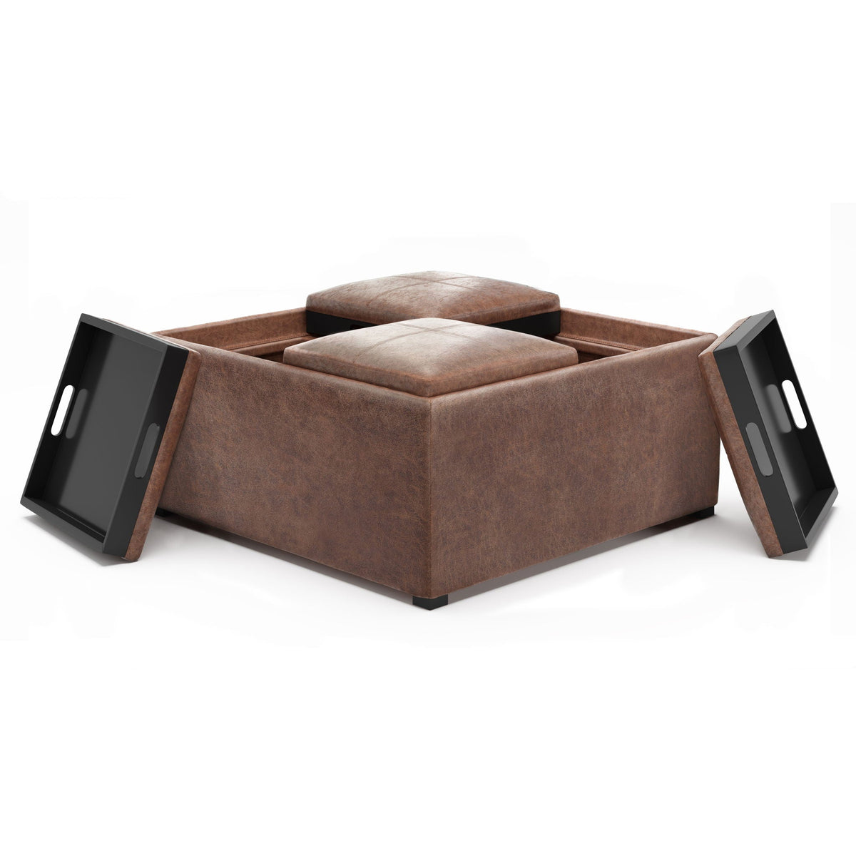 Avalon square ottoman coffee table with trays, brown faux leather, black metal legs on Tampa Home & Garden Store