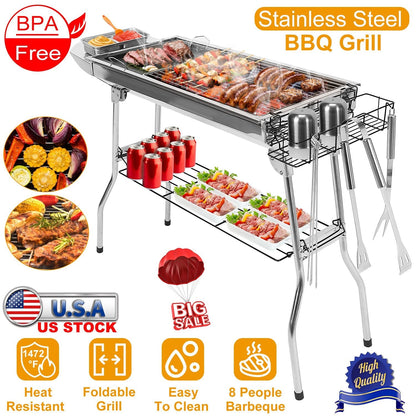 Foldable stainless steel charcoal BBQ grill with legs, side racks and utensils for grilling on Tampa Home & Garden Store