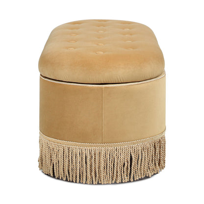 Melinda Oval Tufted Bullion Fringe Storage Bench beige upholstery with bullion fringe trim on Tampa Home & Garden Store