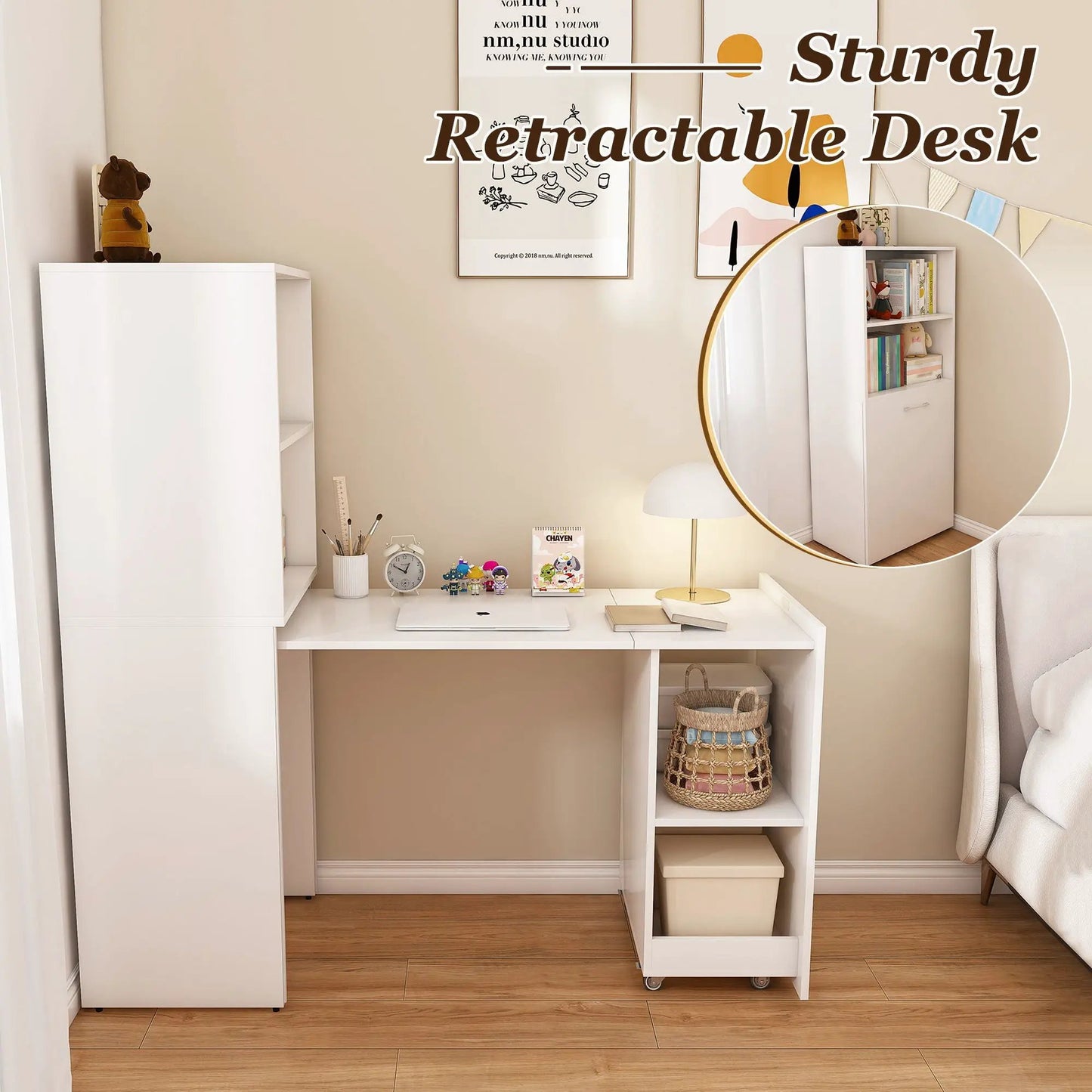 Stretchable Office Desk with Shelves and Wheels