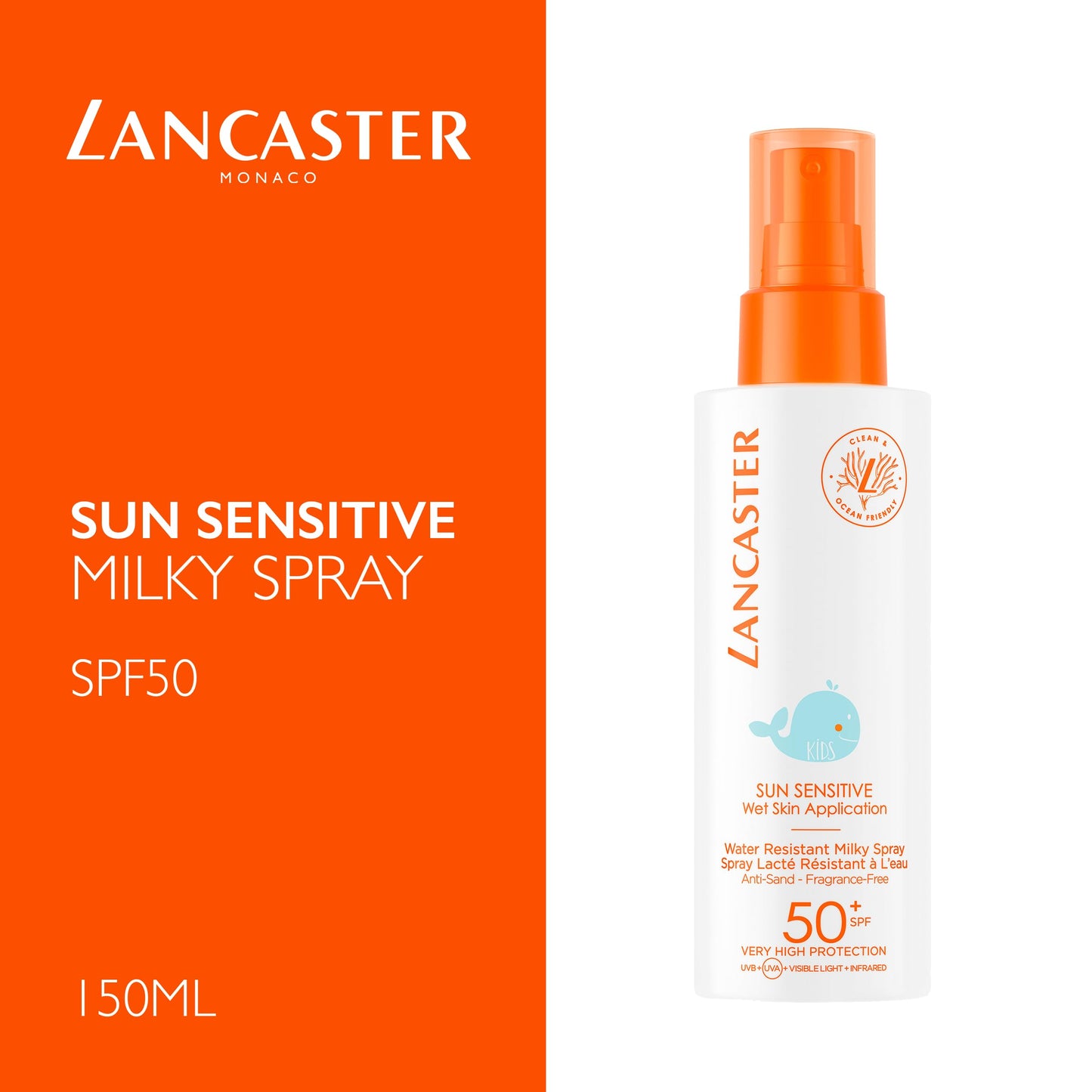 Lancaster Sun Sensitive Milky Spray SPF50 kids sunscreen spray bottle white with orange cap on Tampa Home & Garden Store