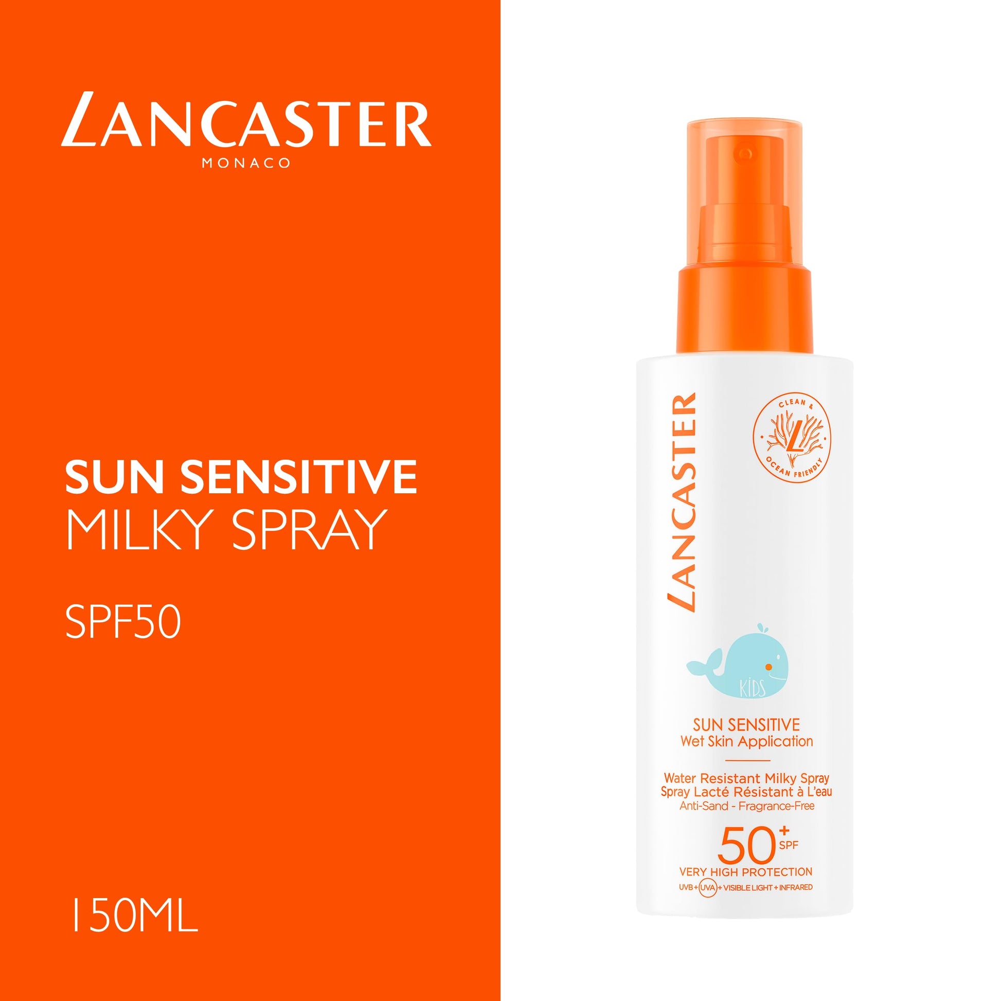 Lancaster Sun Sensitive Milky Spray SPF50 kids sunscreen spray bottle white with orange cap on Tampa Home & Garden Store