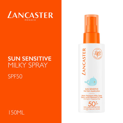 Lancaster Sun Sensitive Milky Spray SPF50 kids sunscreen spray bottle white with orange cap on Tampa Home & Garden Store