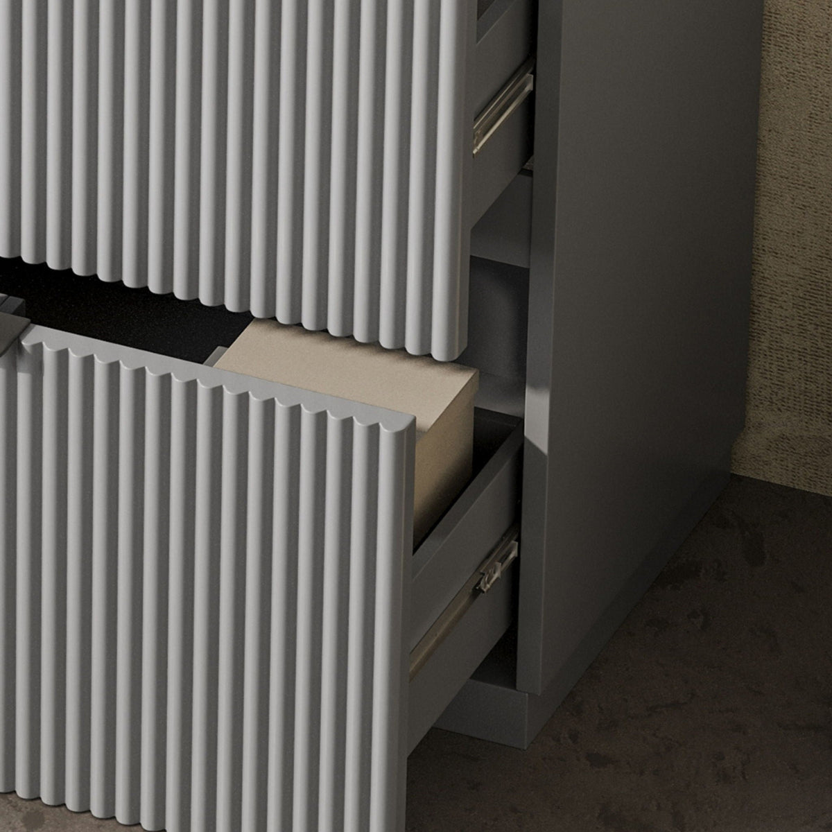 Fluted Bathroom Vanity and Ceramic Sink Unit with gray ribbed drawers on Tampa Home & Garden Store