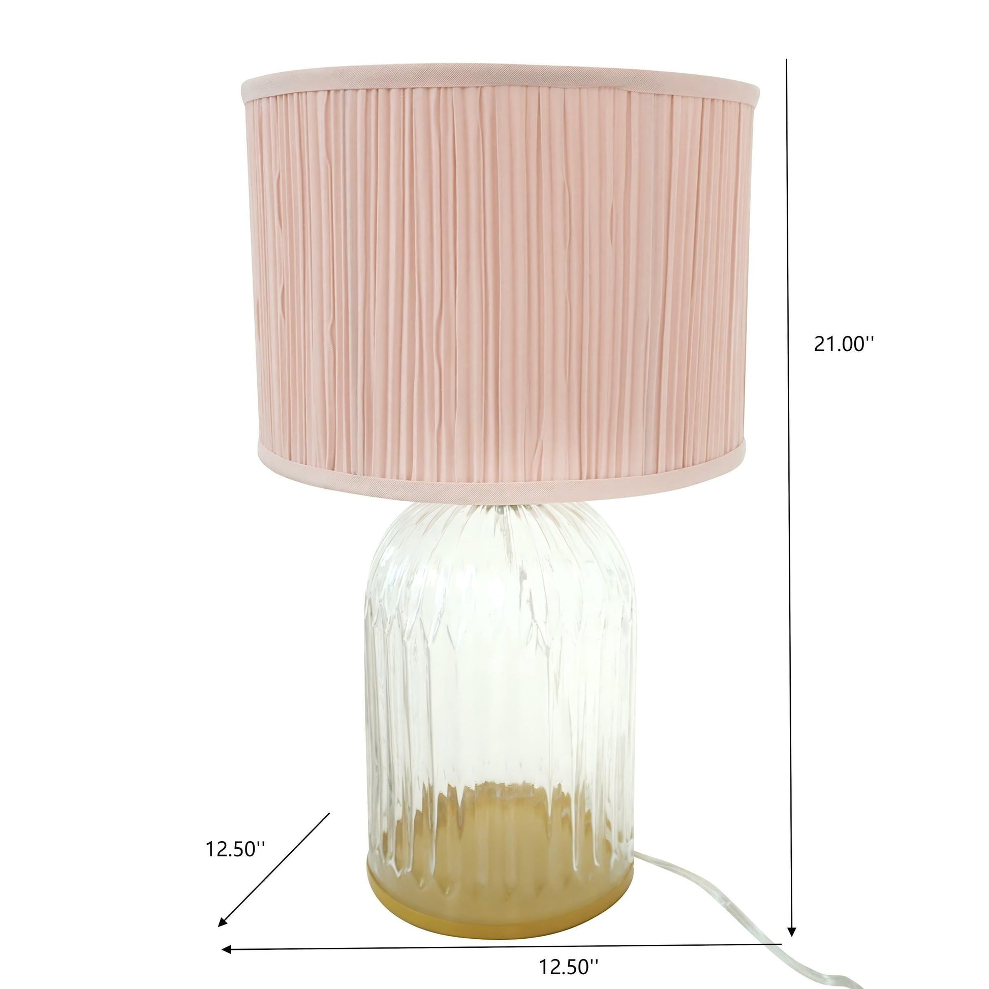 Table lamp with pink pleated shade and clear ribbed glass base, gold bottom on Tampa Home & Garden Store
