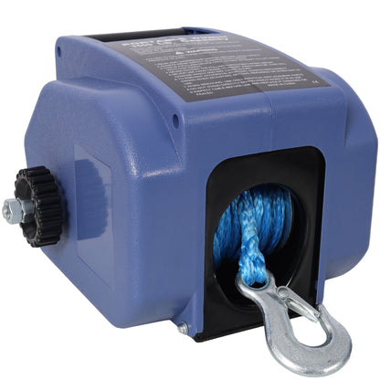 Reversible 12V Electric Trailer Winch with Synthetic Rope blue housing and steel hook on Tampa Home & Garden Store