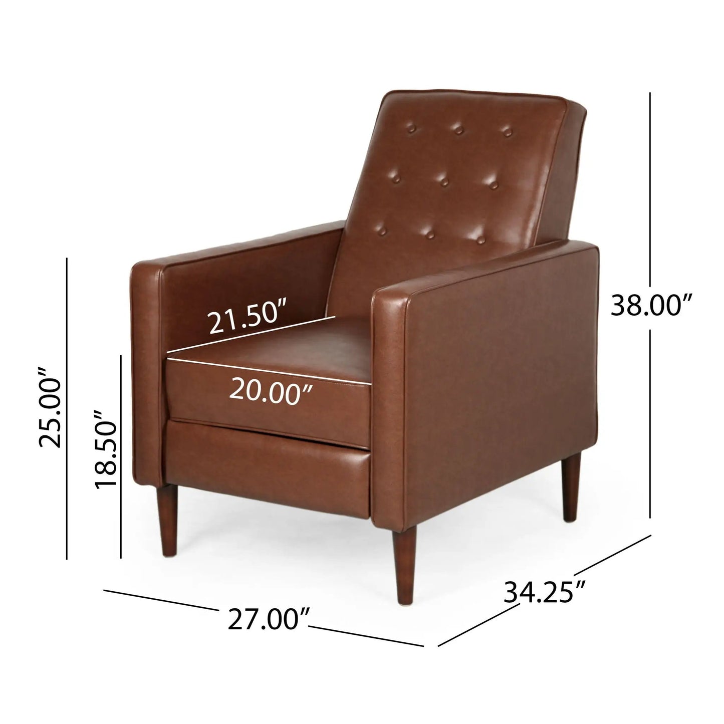 Mid-Century Modern recliner in brown leather with button-tufted back and waffle stitch on Tampa Home & Garden Store