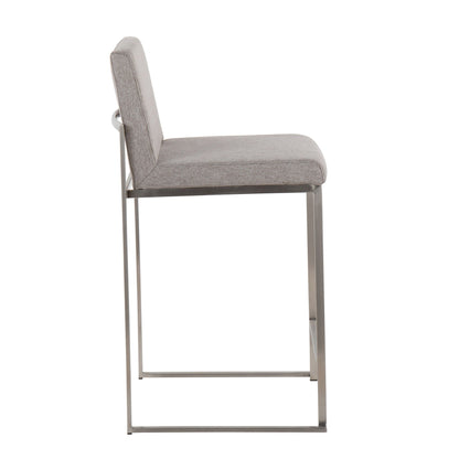 Contemporary high-back counter stool with padded grey fabric seat and backrest, metal frame on Tampa Home & Garden Store