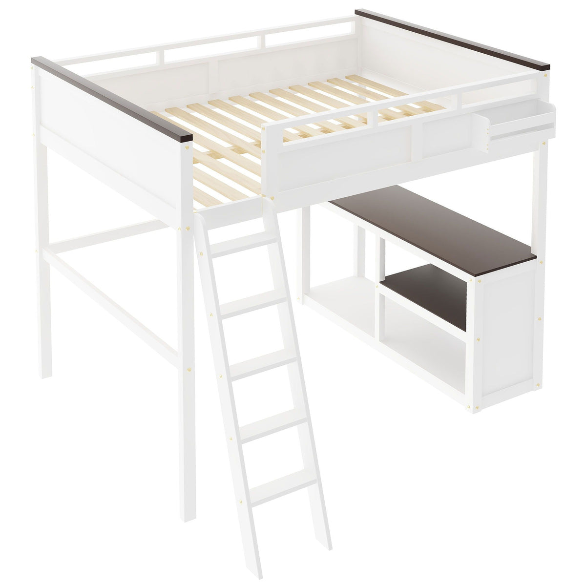 Queen size white loft bed with desk, open shelf and storage, ladder access HouseOfZazla on Tampa Home & Garden Store
