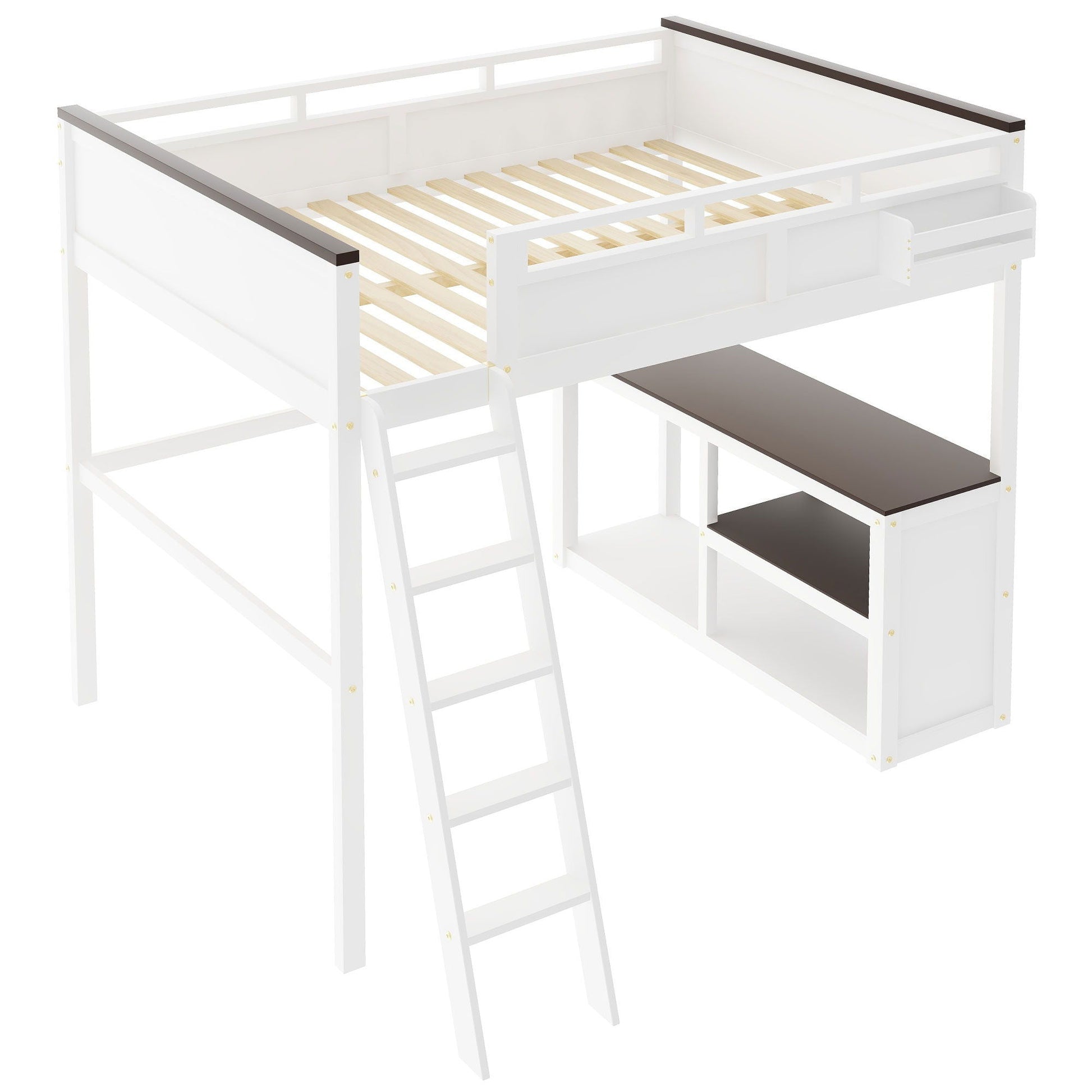 Queen size white loft bed with desk, open shelf and storage, ladder access HouseOfZazla on Tampa Home & Garden Store