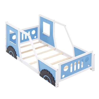 Classic Car Shaped Platform Bed With Wheels, blue panels on white frame with wooden slat ladder on Tampa Home & Garden Store
