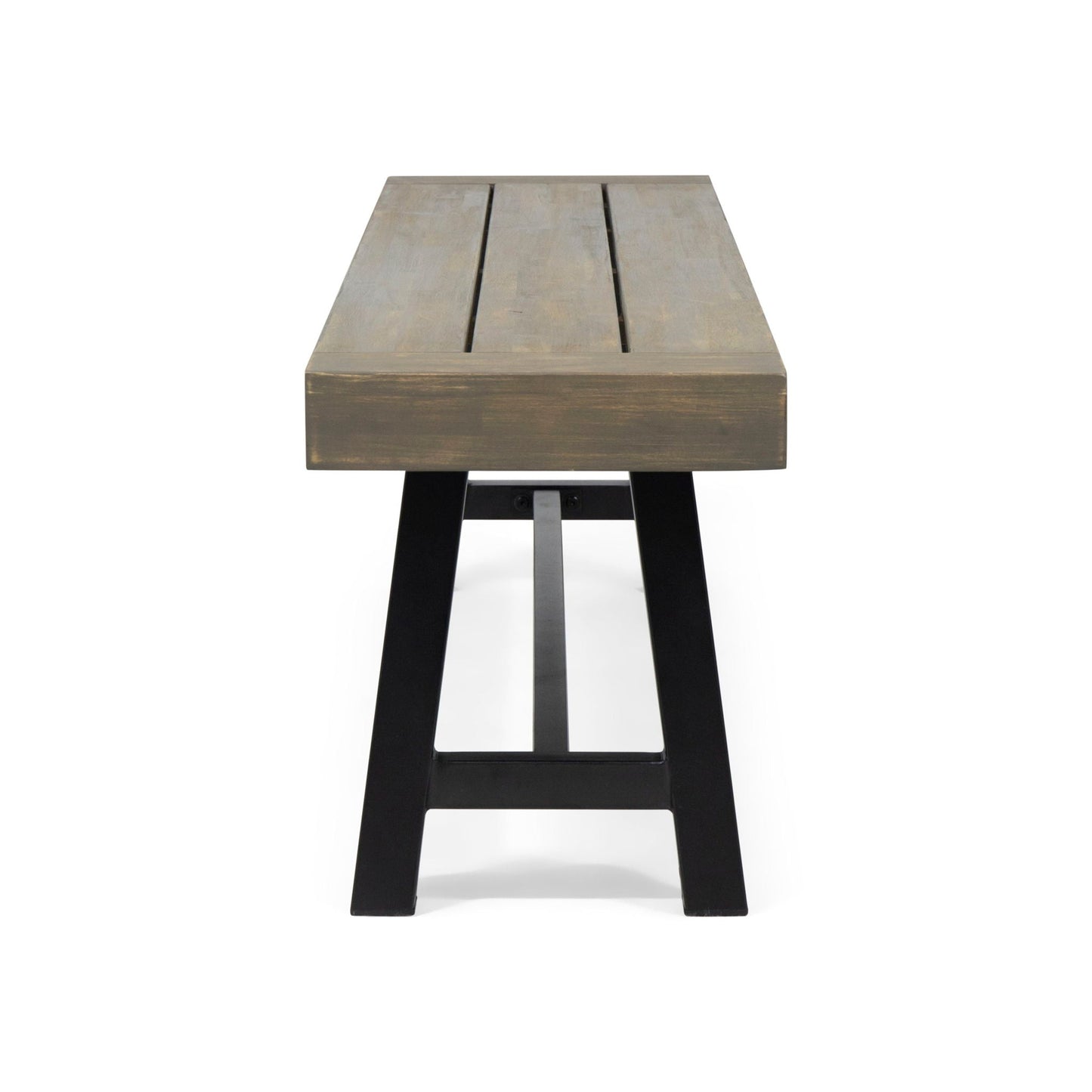 Outdoor patio bench gray rustic metal with slatted wood top and black legs HouseOfZazla on Tampa Home & Garden Store