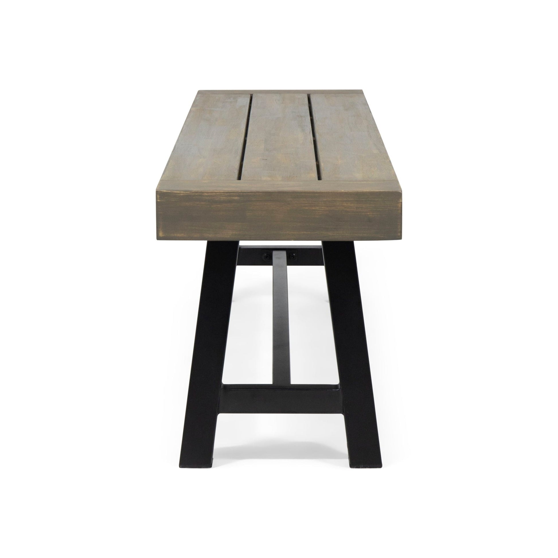 Outdoor patio bench gray rustic metal with slatted wood top and black legs HouseOfZazla on Tampa Home & Garden Store