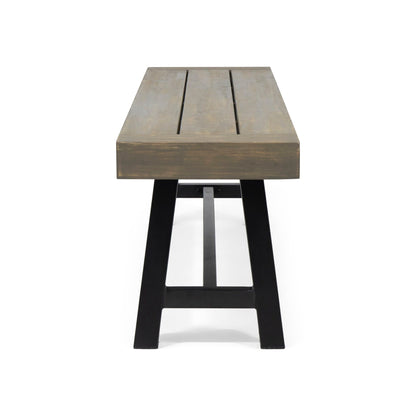 Outdoor patio bench gray rustic metal with slatted wood top and black legs HouseOfZazla on Tampa Home & Garden Store