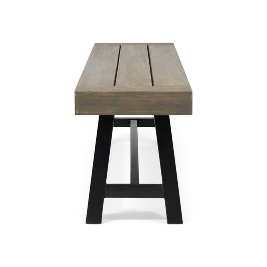 Outdoor patio bench gray rustic metal with slatted wood top and black legs HouseOfZazla on Tampa Home & Garden Store