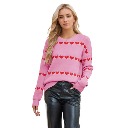 Valentine's Day Love Pullover pink knit sweater with red hearts across chest on Tampa Home & Garden Store