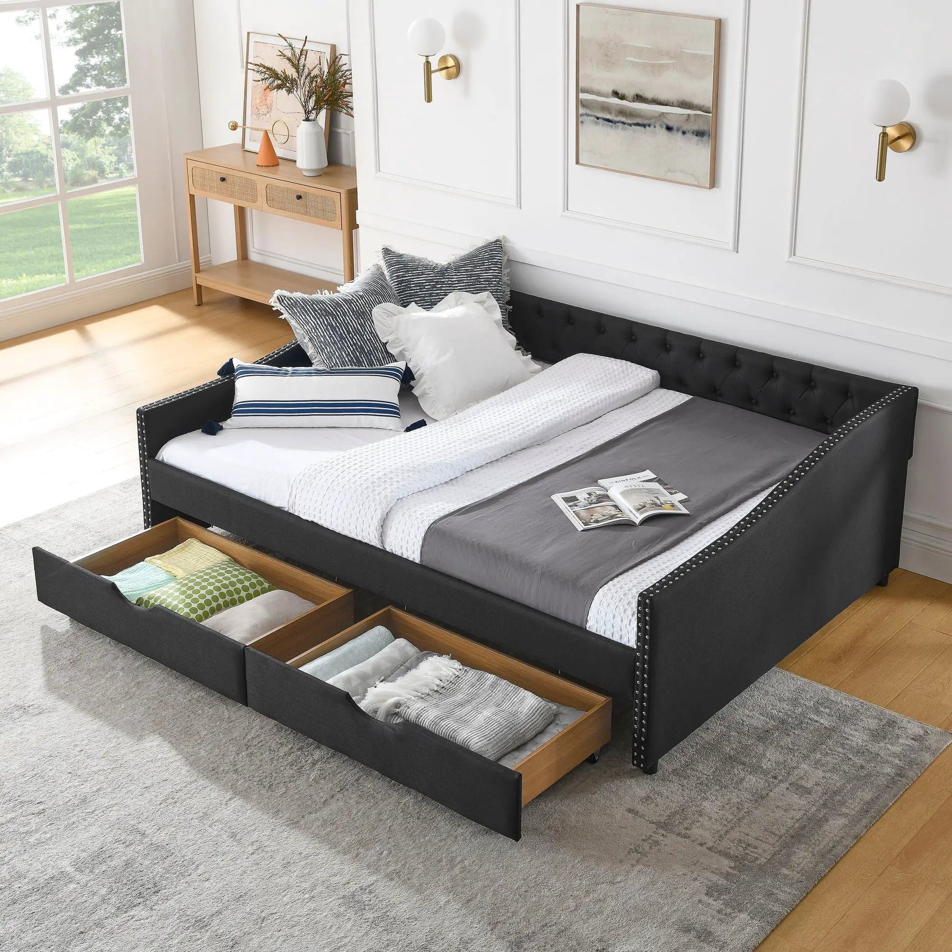 Tufted daybed with 2 storage drawers, waved arms, black upholstery by Unique Piece Furniture on Tampa Home & Garden Store