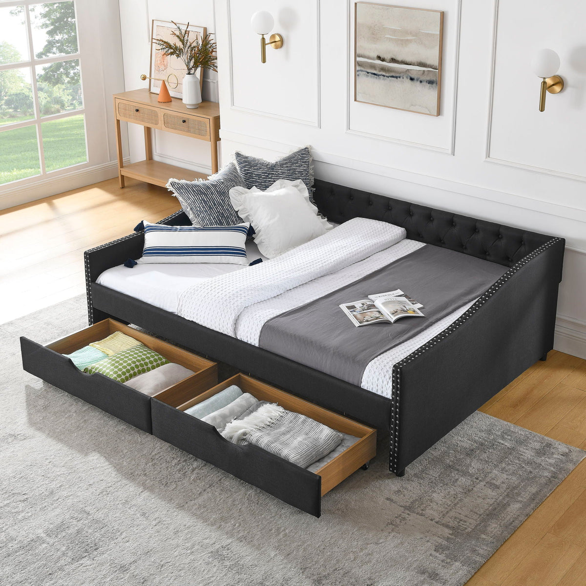 Upholstered Tufted Daybed with Storage Drawers