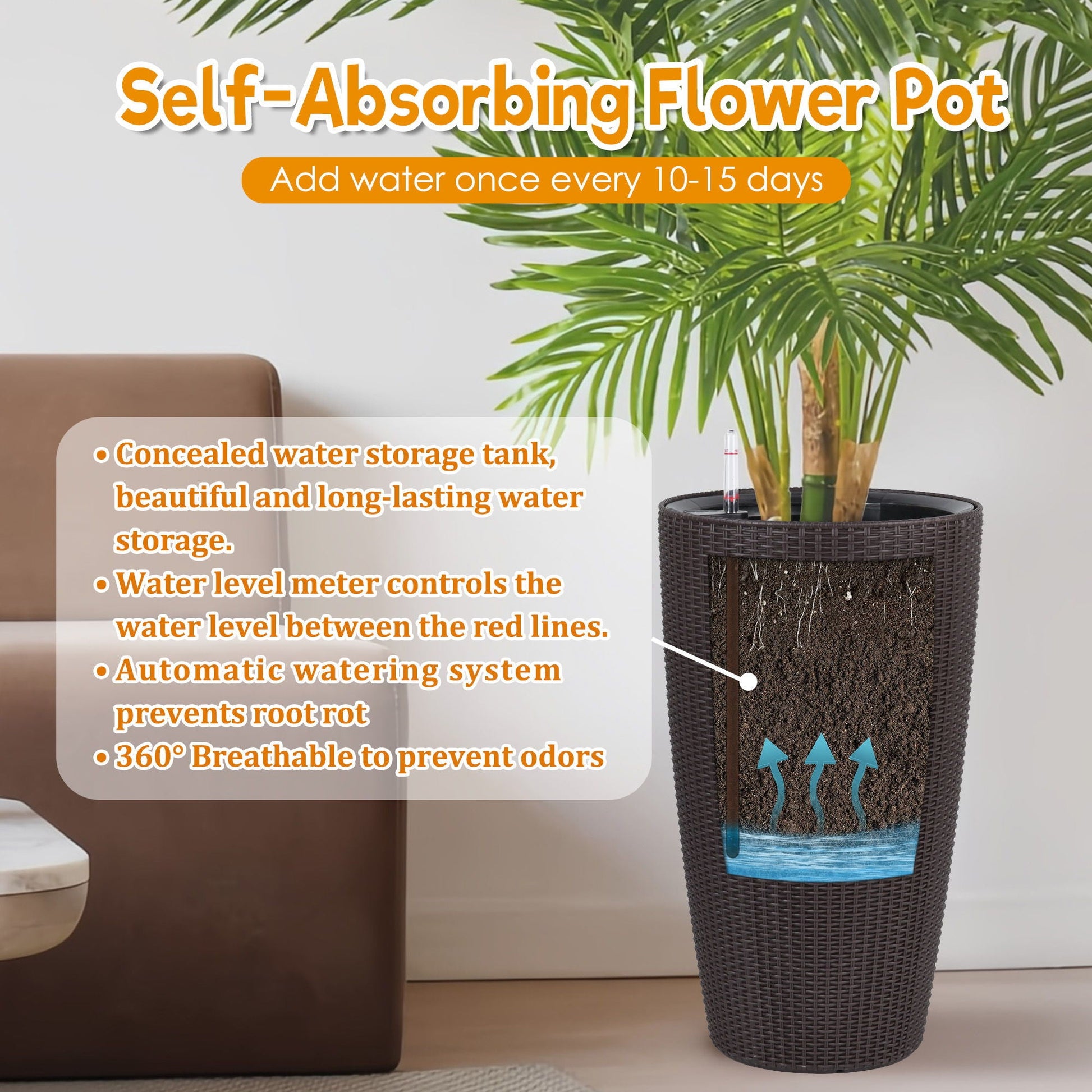 Tall woven dark brown planter with palm, water level monitor and auto-watering by HouseOfZazla on Tampa Home & Garden Store