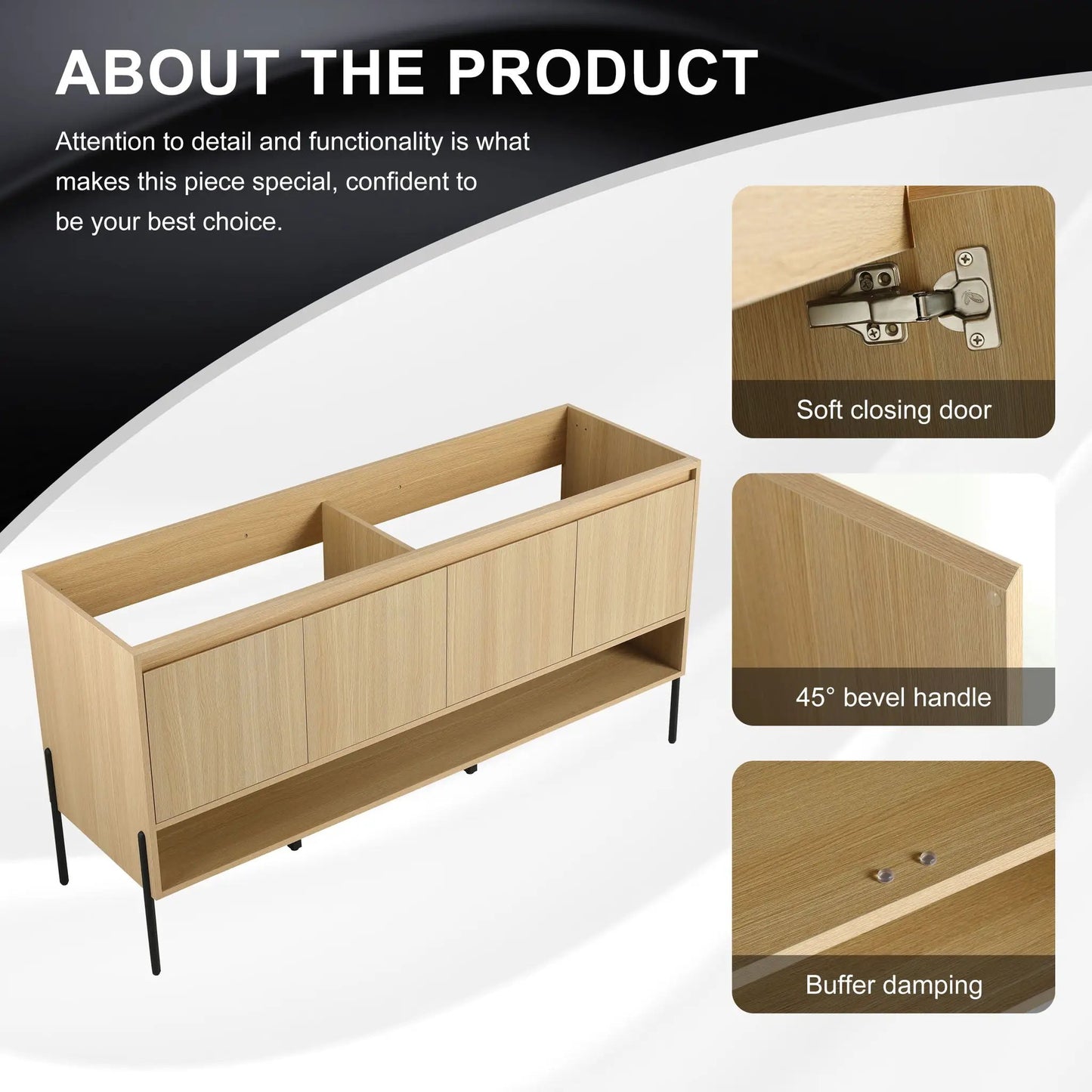 Freestanding bathroom vanity in natural oak with soft-close cabinet doors and open shelf on Tampa Home & Garden Store