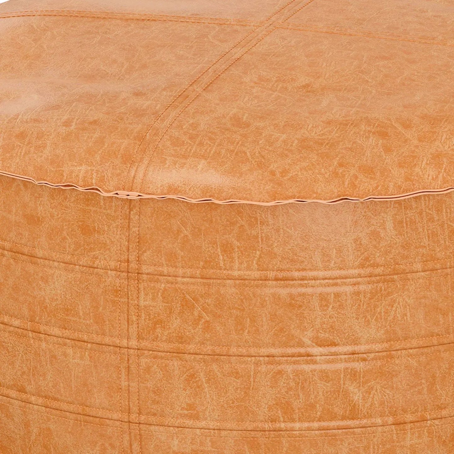Brody round pouf in orange leather with stitched panels piping on Tampa Home & Garden Store