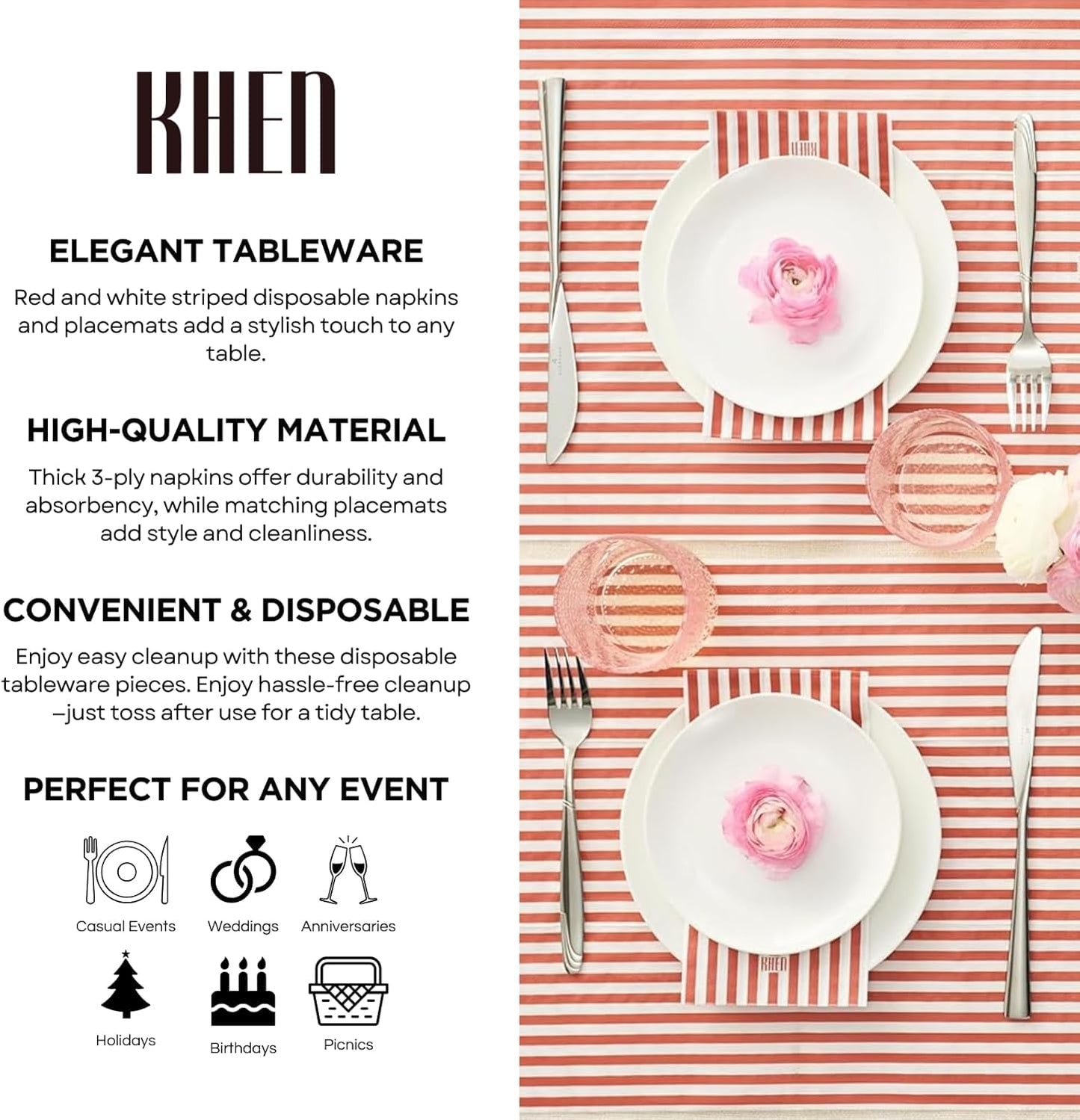 Red Stripe Disposable Napkin and Placemat Set