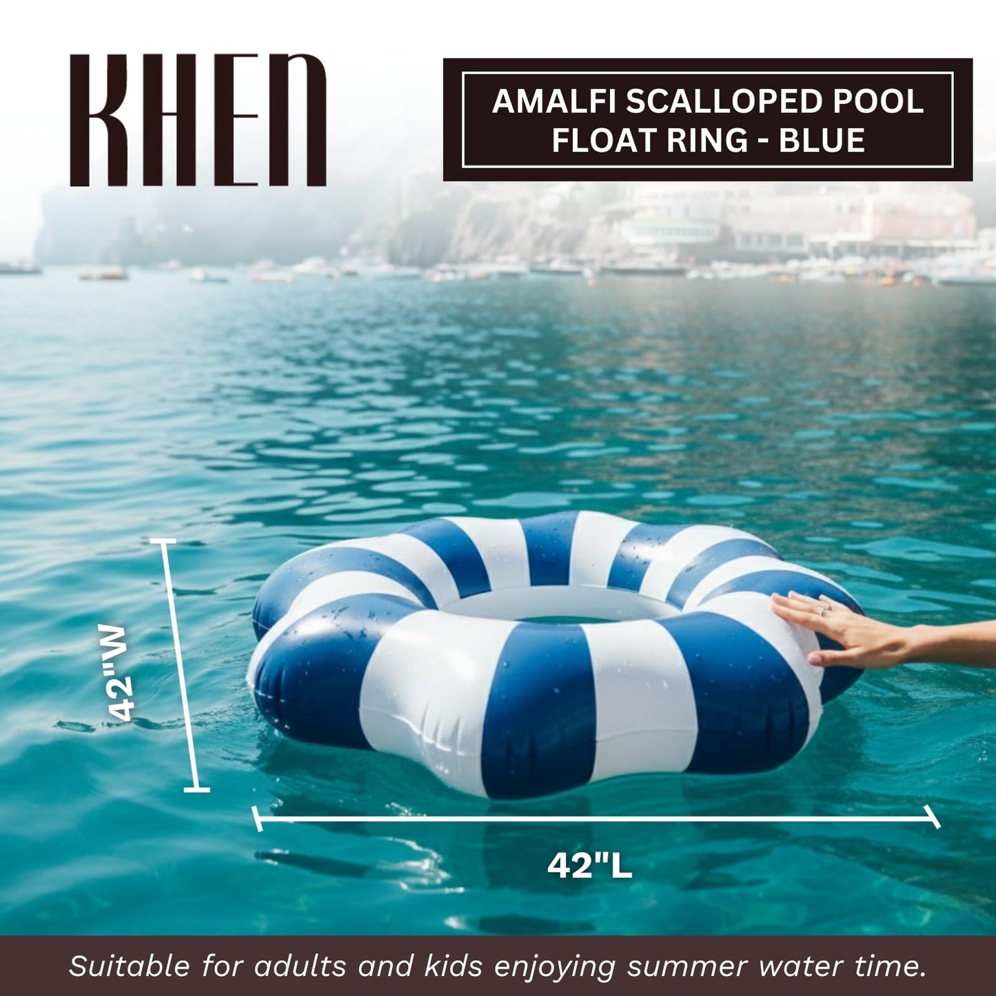 Modern blue and white scalloped pool float ring