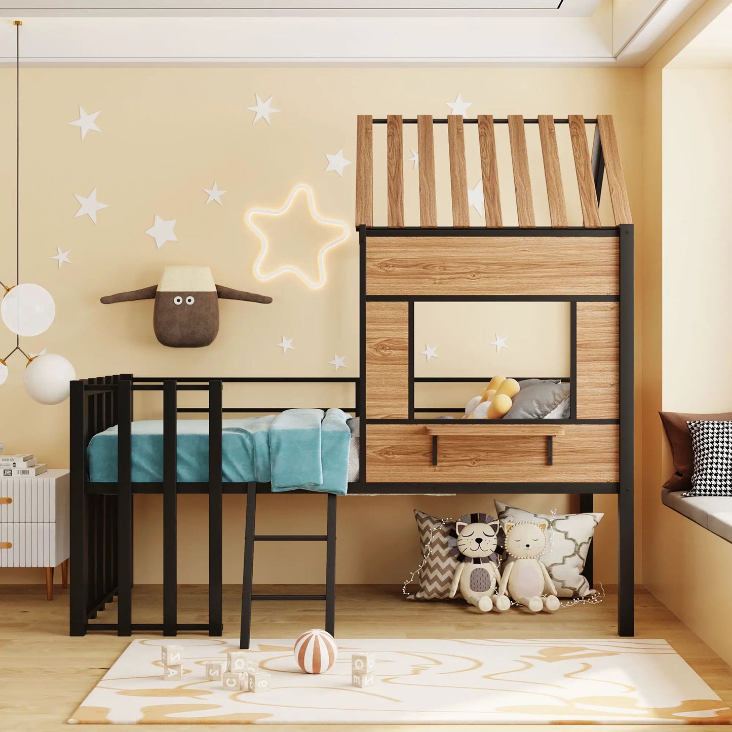 Loft Bed With Roof and Window Guardrail Ladder