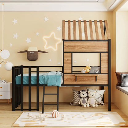 Loft Bed With Roof and Window Guardrail Ladder
