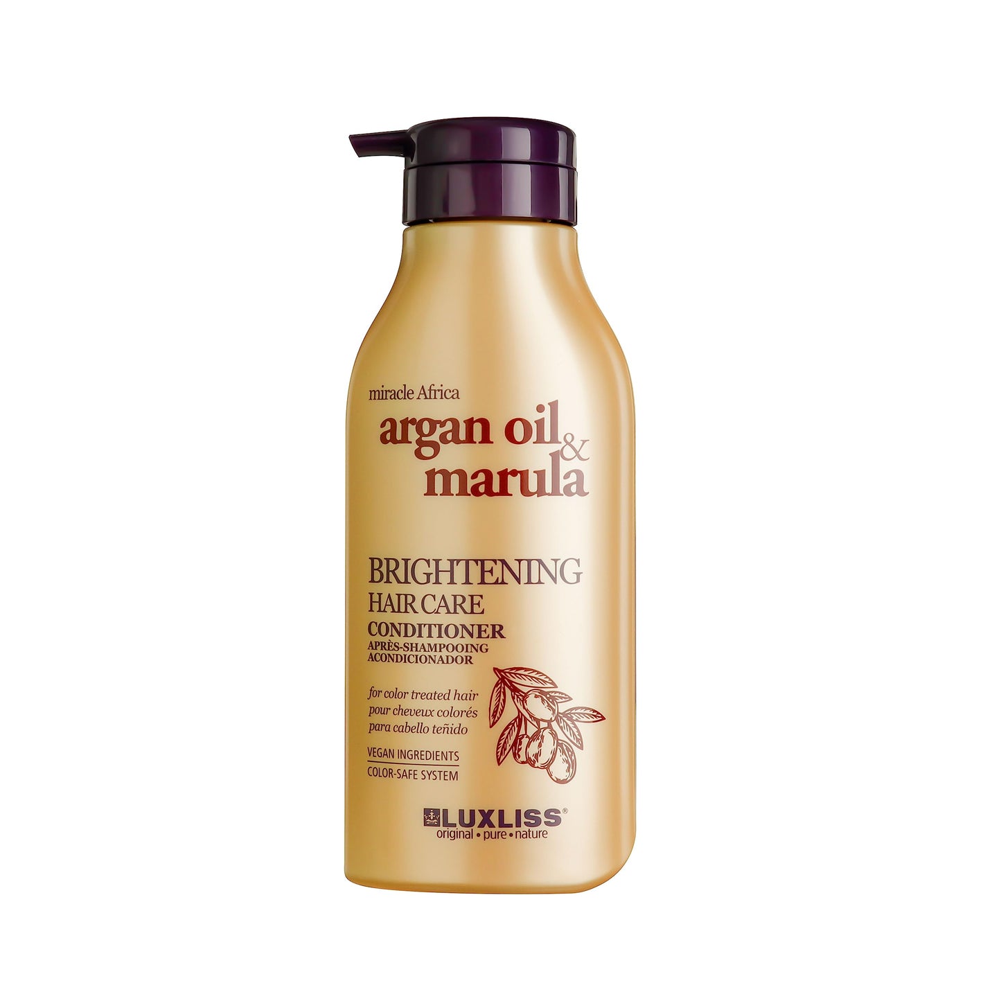 Luxliss argan oil marula brightening conditioner bottle with gold body and purple pump on Tampa Home & Garden Store