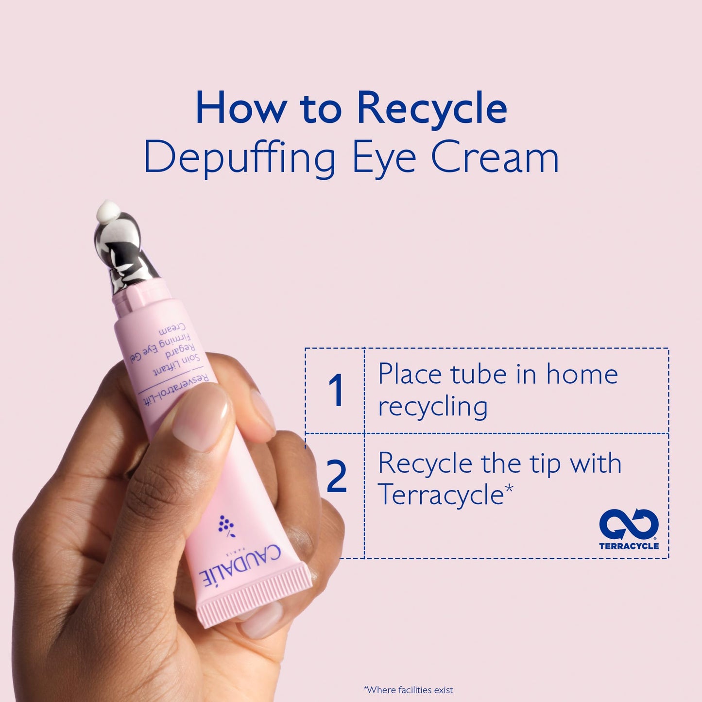 Caudalie Resveratrol Lift eye cream tube in pink with marble-cap held by hand on pink backdrop on Tampa Home & Garden Store