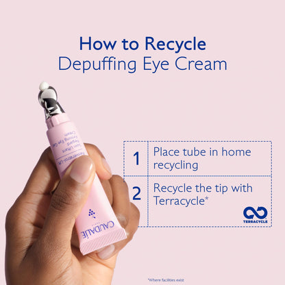 Caudalie Resveratrol Lift eye cream tube in pink with marble-cap held by hand on pink backdrop on Tampa Home & Garden Store