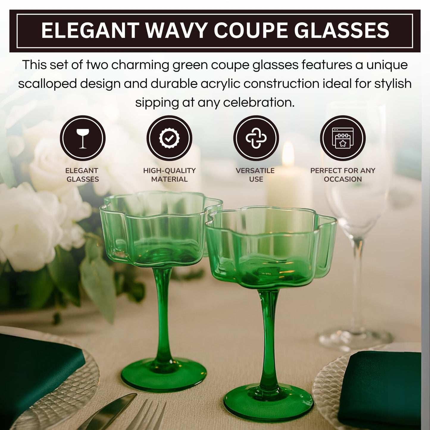 Jade Green Flower Champagne Coupes Set of Two